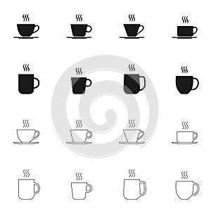 Coffee and tee cup icon set. Hot drink mug silhouettes with steam. Vector illustration